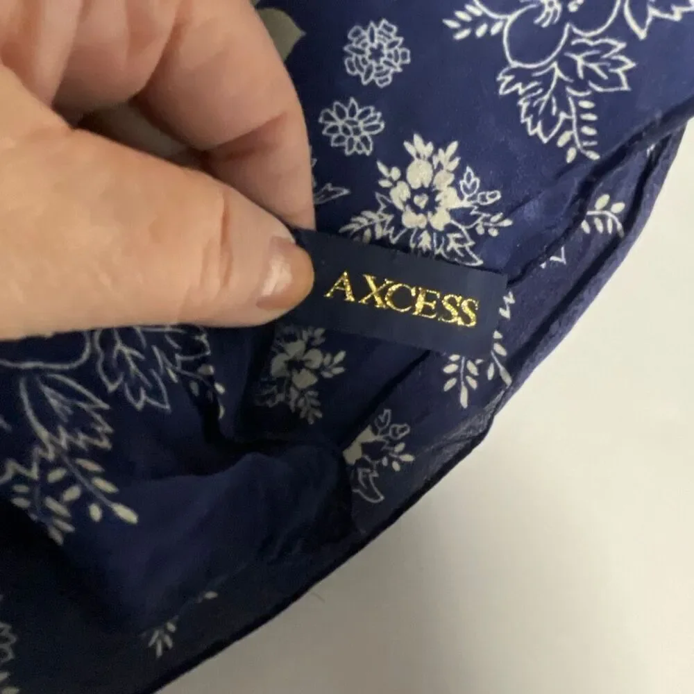 Access 100% silk dark blue floral scarf 32” x 33” hand rolled